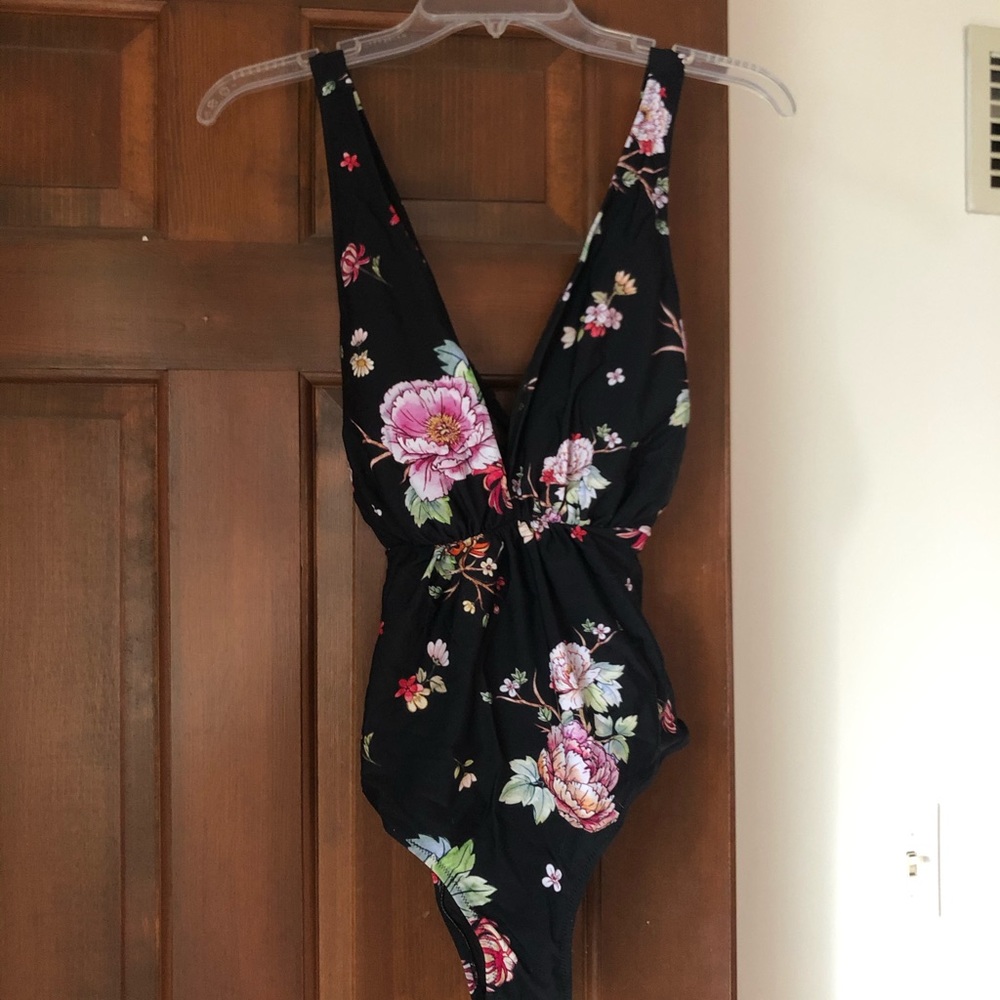 Black floral one piece bathing suit
